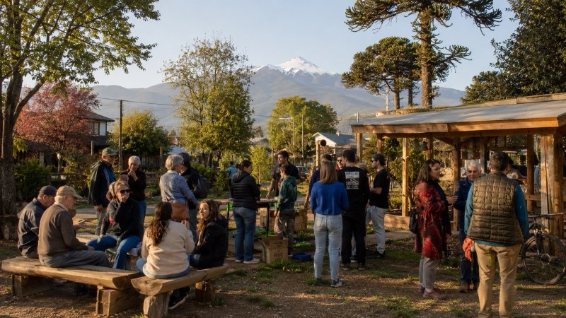 Encuentro comunitario al aire libre con vecinos de todas las edades, araucarias y el volcán Villarrica nevado al fondo